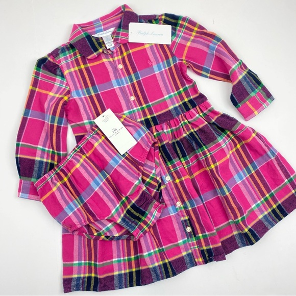 Ralph Lauren Plaid Cotton Twill Shirtdress & Bloomer Pink Size 24 Months NWT - Picture 3 of 6